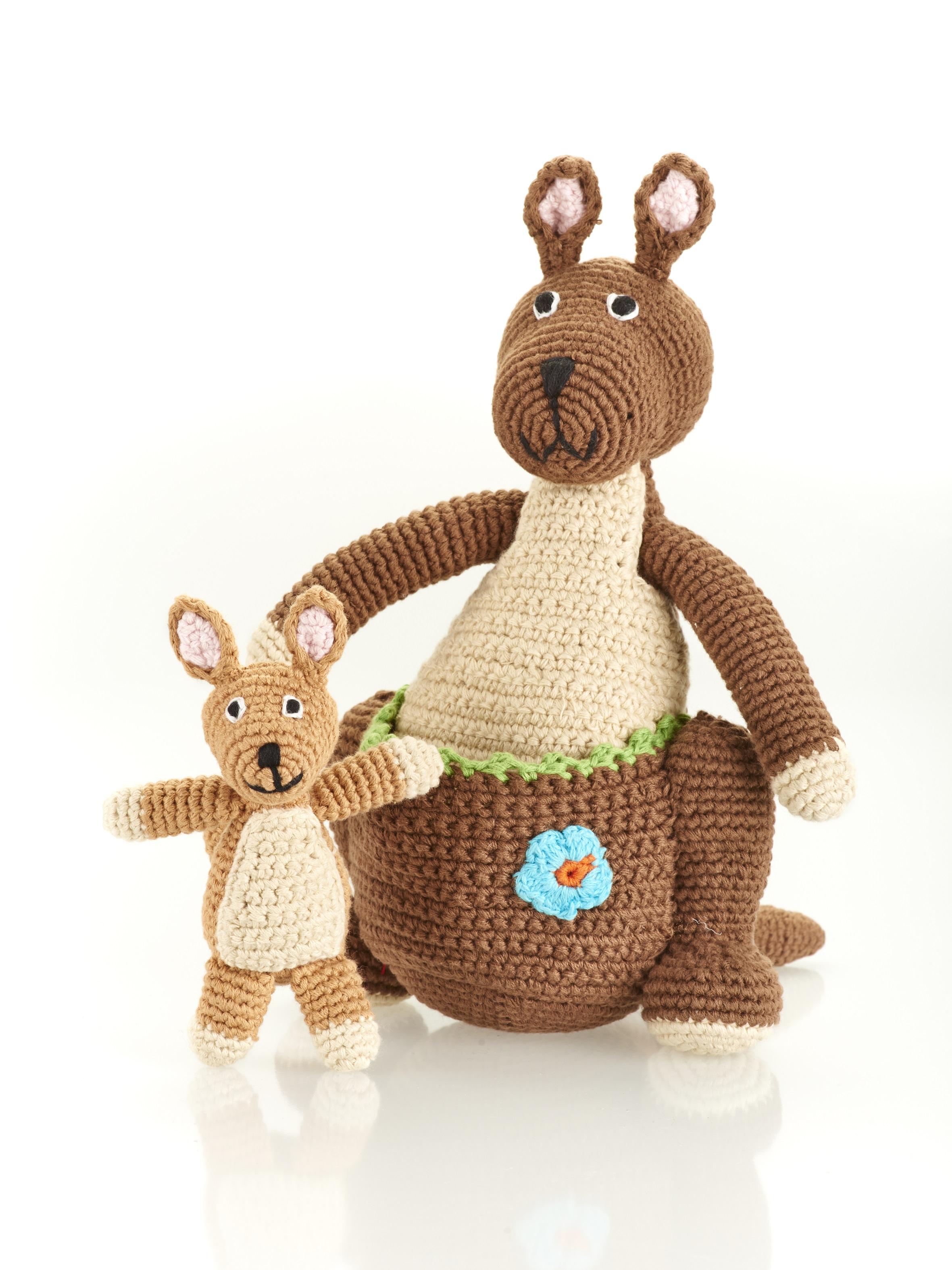 crochet cotton kangaroo soft toy with baby joey